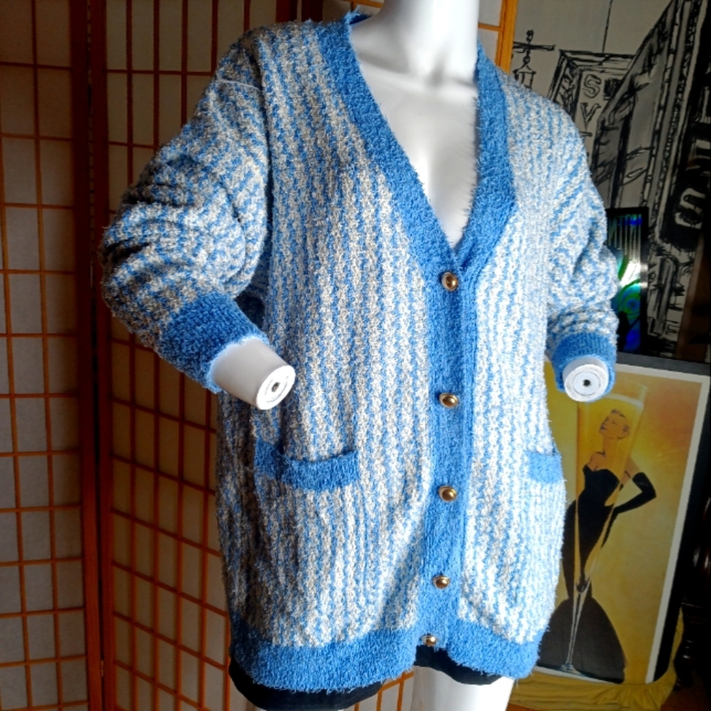 NEW Zara Blue Ivory Gold Button V Neck Soft and Cozy Knit Sweater Cardig…